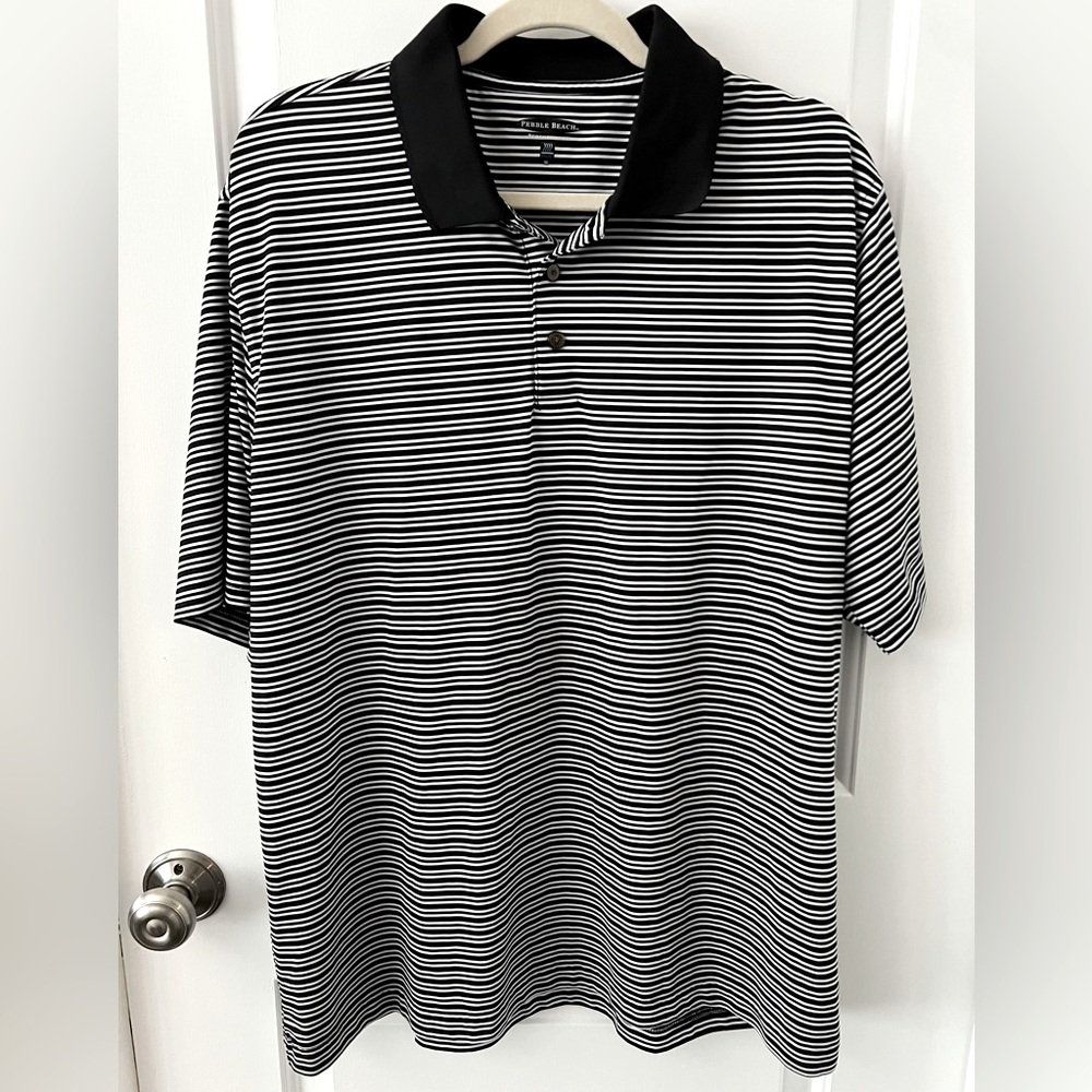 Pebble Beach Performance Black & White Striped Golf Polo | Size XL